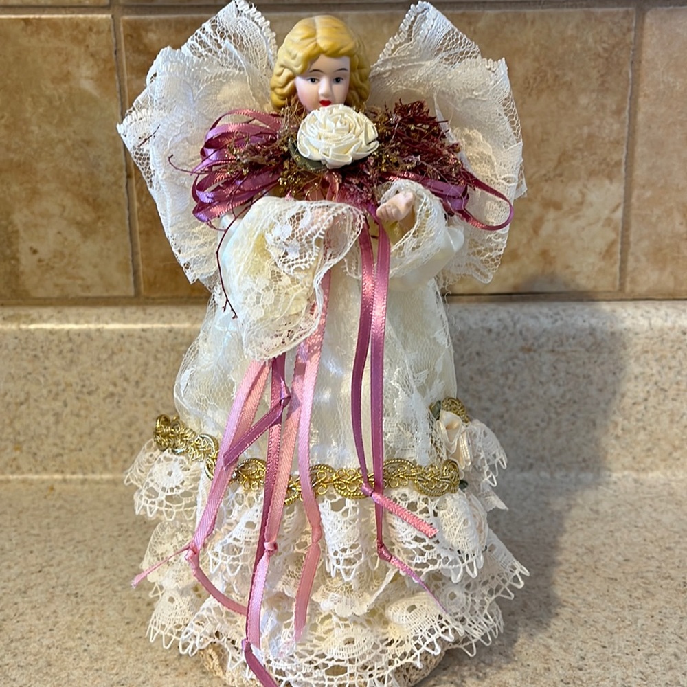 Table top Angel, lace body@ wings,crocheted hem, flower@ pink bow.